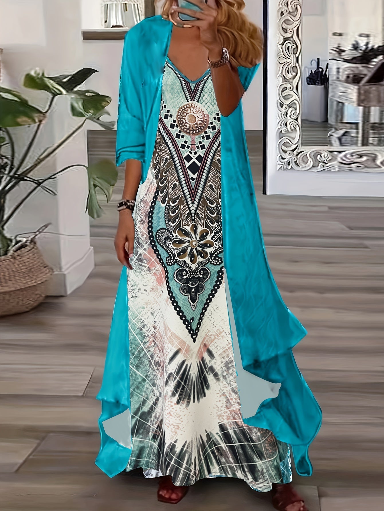 Women's Boho-Chic Two-Piece Ensemble - Long Sleeve Kimono Top & V Neck Cami Maxidress with Exotic Graphics, Perfect for Diverse Occasions
